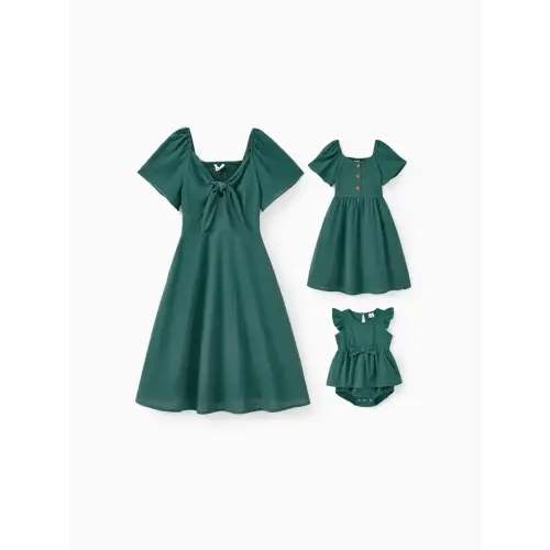 Mommy and Me 100% Cotton Muslin Green Shirred Back Twist Knot Flutter Sleeves Dress