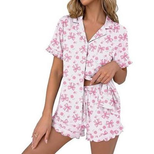 Ekouaer Pajamas Set for Women Button Down Pjs Lounge Sets Ruffle Short Sleeve Sleepwear Cute Loungewear Pink Bow L