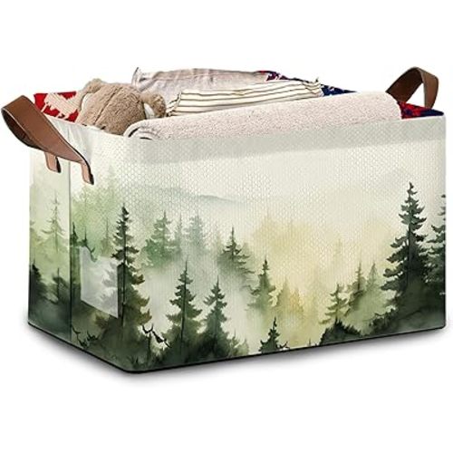 Woodland Mist Storage Basket Large 17x11.5x10.5 Inche-Collapsible Fabric Organizer Bin with Handles for Rustic Decor, Nursery, Cottage - Foldable Decorative Hamper with Foggy Forest Design-Single Pack