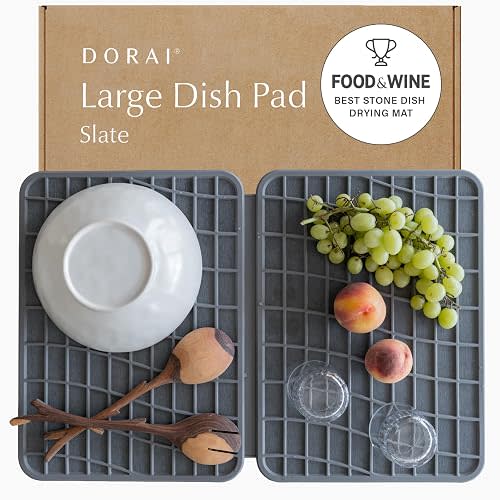 Dorai Home Dish Pad - Collapsable Stone Dish Drying Mat with Diatomaceous Earth for Quick Drying - Ultra Absorbent - Encased in Silicone - Eco-Friendly, Foldable - Large 24.6" x 16.5", Slate