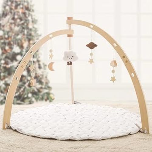 Wooden Baby Play Gym with Play Mat,Foldable Activity Center for Baby with 5 Hanging Sensory Toys,Infant Baby Play Gym with White Playmat for Newborn Baby Girls Baby Boys