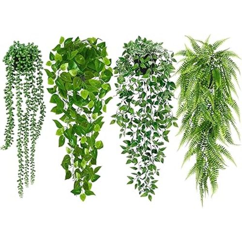 Artificial Hanging Plants for Shelf, 4 Pack Fake Potted Greenery Plant Faux Mandala Vine, String of Pearls, Ivy Vine,Persian Grass Fern in Pot for Desk Home Bathroom Farmhouse Room Table Decor