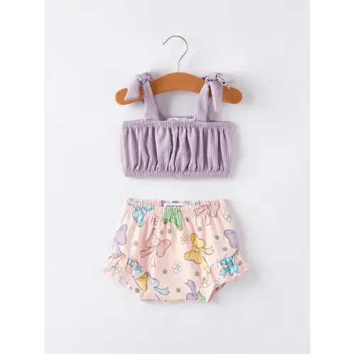 Summer Purple Bow Pleated Suspender Vest And Floral Bloomers Set – The Rocking Horse Co.