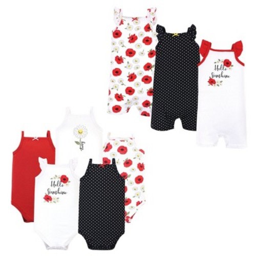 Hudson Baby Infant Girls Cotton Bodysuits and Rompers, 8-Piece, Poppy Daisy, 3-6 Months