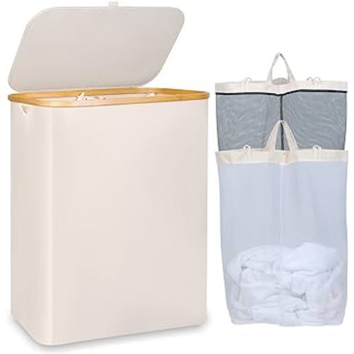 150L Laundry Basket with Lid, Large Laundry Hamper with Bamboo Handle, Collapsible Dirty Clothes Hamper Organizer with Removable Inner Bag for Clothes Toys Towels - Beige