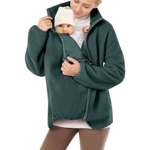 qvdvap Women's Fleece Jacket with Baby Carrier Pocket, Warm Maternity Coat for Mom, Zip up 2-in-1 Baby Wearing Outerwear