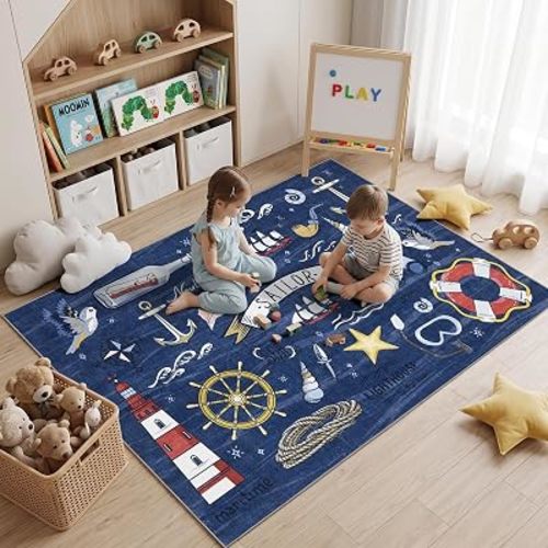 Sasttie 4x6 Area Rug, Coastal Nautical, Washable Ocean Theme Rugs, Navy