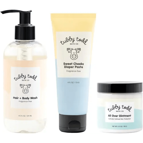 TUBBY TODD Baby Bundle Newborn Skin Care Set - Hypoallergenic Hair + Body Wash, All Over Ointment with Colloidal Oatmeal, Sweet Cheeks Diaper Paste - Fragrance Free, Standard Size