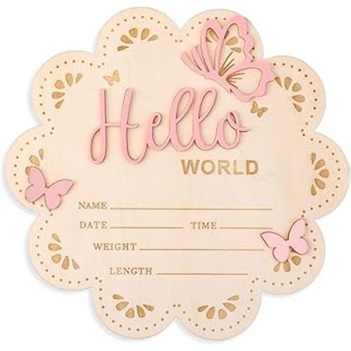 Newborn Announcement Sign, 15.5cm/6.1 Inch Wooden Hello World Sign New Baby Welcome Plaques Birth Baby Name Plaques for Newborn Photo Props Hospital Nursery (Pink)