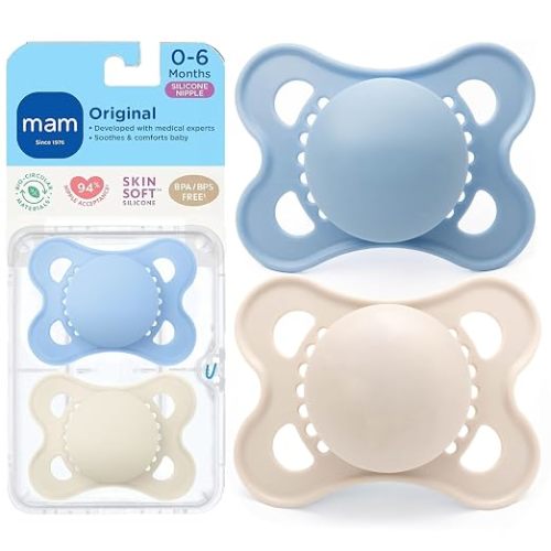 MAM Original Matte Baby Pacifiers 0-6 Months, Binky for Newborn Babies, BPA-Free Skin Soft Silicone Nipple, Easy to Clean, Developed with Medical Experts, 2 Pack, with Sterilizer Case, Made in Europe