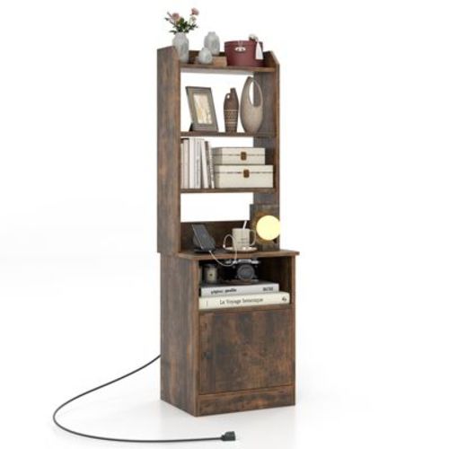 Costway Tall Nightstand with Charging Station Bedside Table with Adjustable Open Shelves Storage Cabinet Side End Table w/ Bookcase Brown