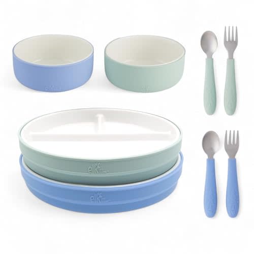 Elk and Friends Kids Porcelain Mealtime Bundle with Normal Sleeves | Plates, Bowls + Toddler Utensils | Silicone Sleeves | For Meals + Snacks | Microwave + Dishwasher Safe