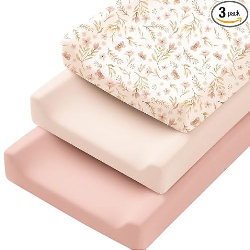 Konssy 3 Pack Stretchy Changing Pad Covers for Girl, Boy, Silky Soft Changing Table Cover, Breathable Baby Nursery Diaper Chang Pad Sheets (Pink Spring)