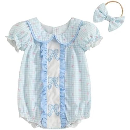BemeyourBBs Baby Girl Bubble Romper Short Sleeve Peter Pan Collar Jumpsuit with Bow Headband Newborn Infant Summer Clothes
