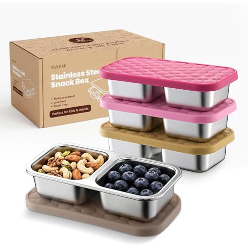Stainless Steel Snack Box for Kids & Toddlers, Multi-Compartment, 10oz Small Leak Proof Food Containers with Silicone Lids - Reusable Metal Bento Box for Daycare, School, Travel, Camping