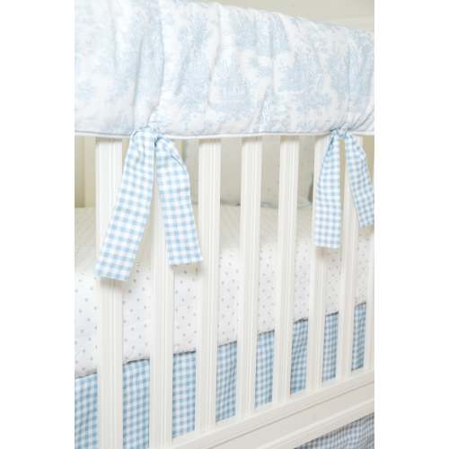 Light Blue Toile Crib Rail Cover with Gingham Ties