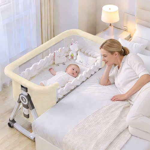 Baby Bassinet,3 in 1 Baby Bassinets Bedside Sleeper with Wheels and Mosquito Net,Bedside Bassinet for Baby with Comfy Mattress, Mattress&Breathable Mesh,Storage Basket