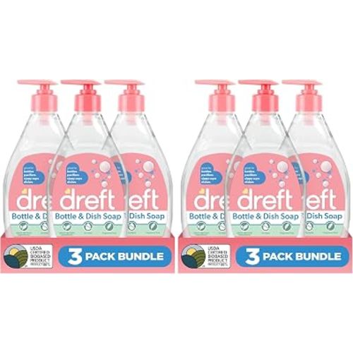 Dreft Bottle and Dish Soap | Made to Clean Baby Bottles,Sippy Cups,Pacifiers,Breast Pumps,& More | Gently Removes Milk Film & Odors-| Plant Based,Fragrance Free Dish Soap-| 18 Fl Oz,(Pack of 6)