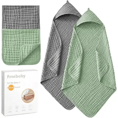 Hooded Baby Towels for Newborn, 2 Pack 36x36 Inch Muslin Cotton Baby Bath Towel and 12x12 Inch Washcloth Set with Hood for Babies, Toddler and Kids, Essentials Must Haves (Grey and Green)