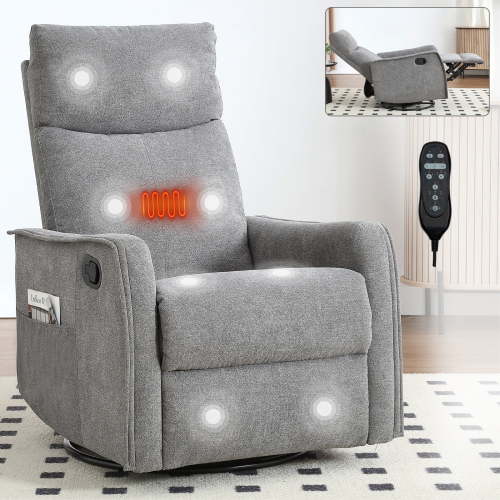 Bellemave Manual Recliner Chair with Massage and Heating Home Theater Recliner Rocking Chair Nursery Swivel and Rocker Chair with High Back in Fabric for Living Room, Bedroom (Gray)