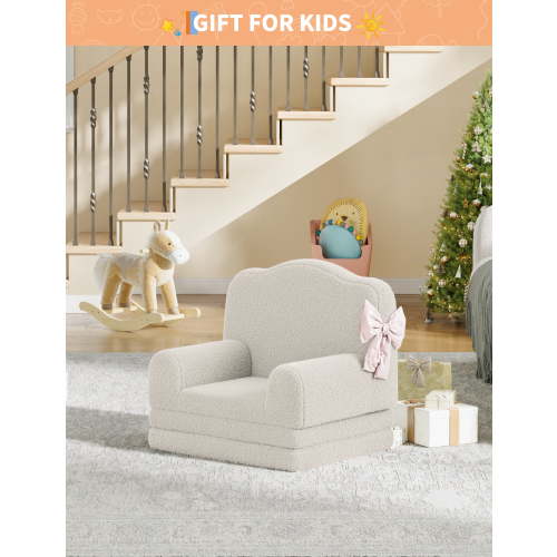 GOCAPTAIN Kids Sofa Bed, 2-in-1 Convertible Toddler Couch with Sherpa Fabric, Fold-Out Foam Lounger for Playroom & Nursery, White