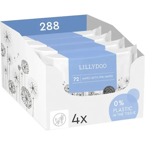 LILLYDOO Baby Wipes with 99% Water – Unscented, Hypoallergenic, Plant-Based, Strong & Plastic-Free, Compostable, 4 resealable Packs x 72 (288 Wipes Total)
