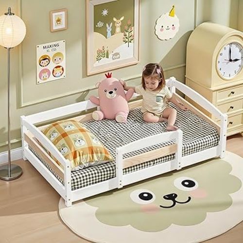 Standard Crib Size Toddler Bed with 2 Openings, Wooden Low Montessori Floor Bed Frame with Safety Guardrails for Boys Girls, White