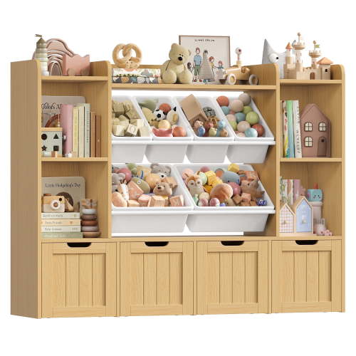 Hiphuta 3-tier 55"in Large Kids Bookcase with Toy Storage Organizer, Wood Toy Organizer of 6 Boxes & 4 Removable Drawers, Natural