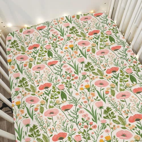 Vintage Poppies Flowers Baby Crib Sheets for Boy Girl 28"x52" Pink Red Poppies Soft Stretchy Fitted Crib Mattress Cover Wild Floral Baby Sheet Fits Unisex Standard Bed and Toddler Mattresses