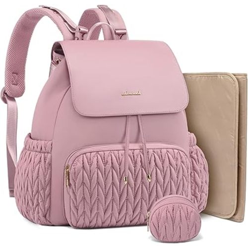 LOVEVOOK Diaper Bag Backpack, Small Baby Bag, Cute Baby Diaper Bag, Stylish Water-Resistant Travel Baby Bag for Mom, Baby Backpack with Changing Pad, Stroller Straps-Pink