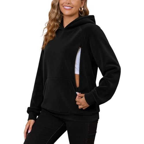 Bhome Nursing Tops for Breastfeeding with Hidden Zippers Fleece Hooded Breast Pumping Oversized Sweatshirt Kangaroo Pocket
