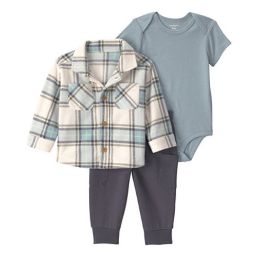 Baby Boys' Plaid Fleece Layering Short-Sleeve Bodysuit, Shirt and Pants, 3-Piece Set