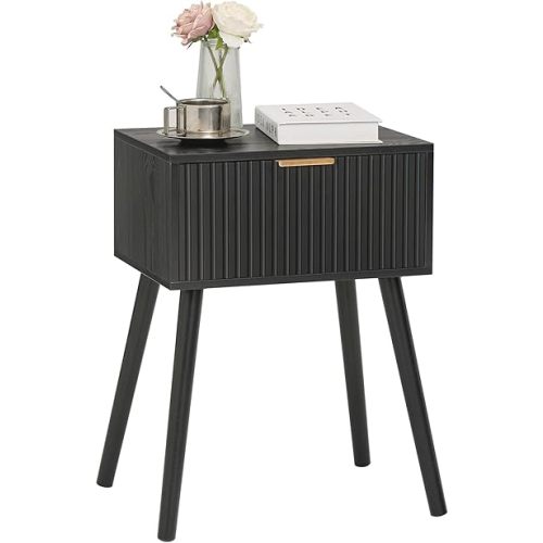 Black Nightstand, Small End Tables Living Room, Accent Bedside Table with Fluted Drawer for Bedroom and Small Space, Black