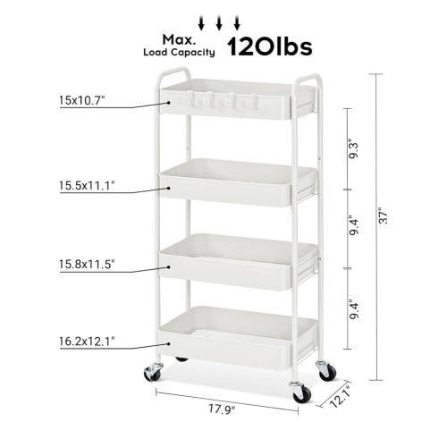 TOOLF 4-Tier Metal Rolling Cart with Wheels, Storage Utility Organizer Cart for Kitchen, Bathroom, Office, Baby Essentials & Makeup - Lockable Casters, Easy Assembly, Large Capacity, White