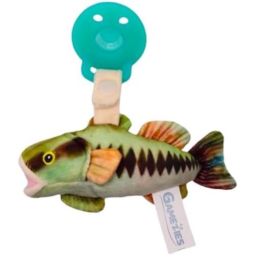 Gamezies Baby Boy and Girl Silicone Bass Fish Pacifier Outdoor Plush Toy Holder Removable, Washable Plush Toy CPSIA Tested, BPA-Free 0-6 Months