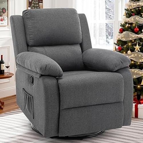 Recliner Chair, 360 Swivel Rocker Chair for Adults, Small Rocking Recliner Chair for Small Spaces, Upholstered Fabric Glider Recliner Nursery Chair with Side Pockets for Living Room, Nursery