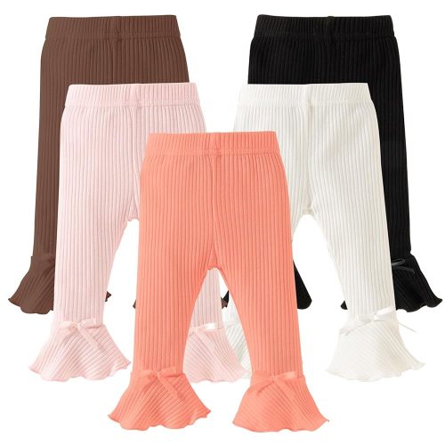 DREAM BUS 5 Pack Baby Pants Toddler Girl Ribbed Ruffle Bell Bottoms Toddler Leggings Baby Boy Pants Newborn Girl Flare Pants
