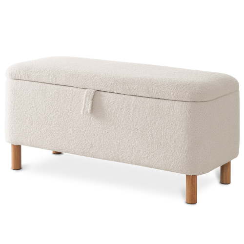 39.5" Boucle Storage Ottoman Bench with Wood Legs for Living Room Bedroom Foot Rest End of Bed, White