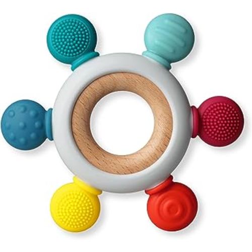 Baby Teething Toys, Silicone Chewable Rings with Organic Wooden, Natural Wooden Ring & Silicone Teething Toys for Newborn, 3+ Months (6 Directions, Ocean)