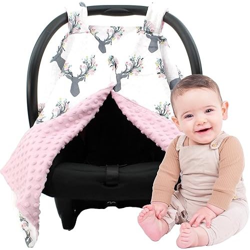 Dear Baby Gear - 40x30 Car Seat Canopy, Infant Carrier Cover for Boys & Girls, Cozy Fall, Nursing & Stroller Use, Newborn Travel Sunshade Accessory, Antler & Flower, Pink Dot