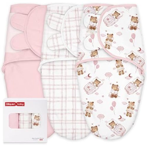 GLLQUEN BABY Swaddles for Newborns Organic Cotton, Soft Baby Girl Swaddles 0-3 Months, Womb-Like Sleep Sack Wrap Nursery Swaddling Blankets Pink Bear