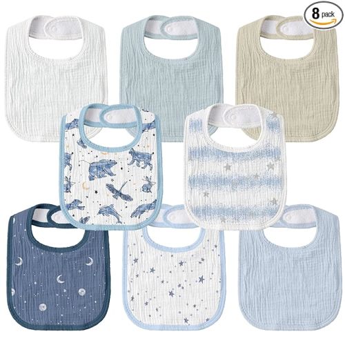Muslin Bibs for Baby Boy, Adjustable Fit for Drooling and Teething Toddler | 8Pk, 100% Cotton Surface & Multi-Layer Absorbent Core, Shrink-resistant & Fade-Proof, Gentle on Sensitive Newborn skin