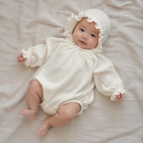 Baby Girl Romper with Bonnet, Vintage Newborn Outfit, Cream Ruffle Baby Clothes, Coming Home Outfit, Baby Shower Gift, Infant Romper