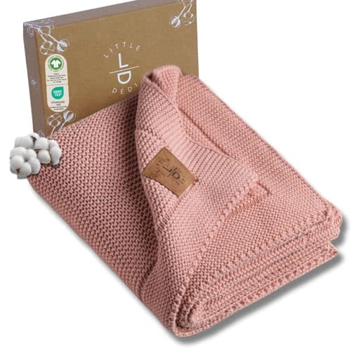 Little Dedi 100% Organic Cotton Baby Knitted Blanket with Gift Box - Soft Toddler, Crib, Stroller Blanket - Neutral Swaddle and Receiving Blanket for Newborns, 30"x40", Pink