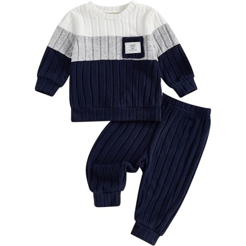 Toddler Baby Boy Fall Winter Outfits Long Sleeve Patchwork Knit Pullover Sweater and Solid Color Pants Sets