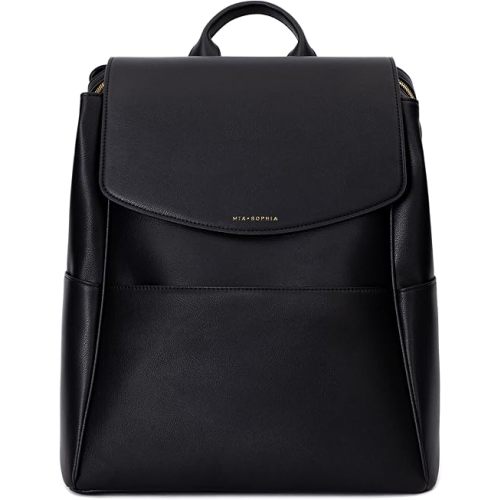 MIA + SOPHIA Leather Diaper Bag Backpack with USB Charging port, Changing Pad, Stroller Straps (Black Olivia)