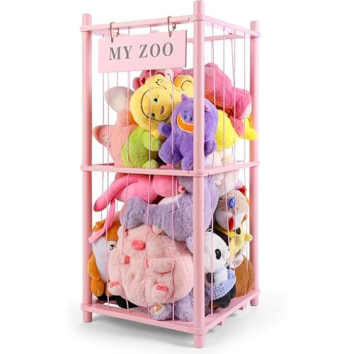 Stuffed Animal Storage Zoo, Wooden Stuffed Animal Organizer with Elastic Cords for Boys Girls, Space Saving Toy Plushies Storage Holder for Playroom, Bedroom, Living Room (Pink, Small)