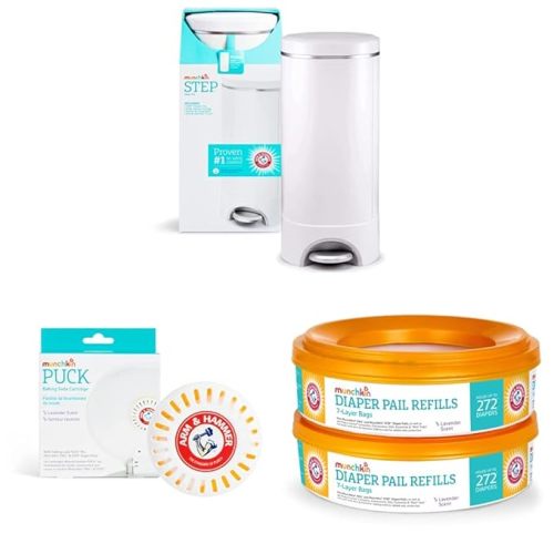 Munchkin® Step Diaper Pail Powered by Arm & Hammer & ® Arm & Hammer Puck Baking Soda Cartridge, Lavender Scent & ® Arm & Hammer Diaper Pail Refill Rings - Diaper Pail + Cartridge + Refill Rings
