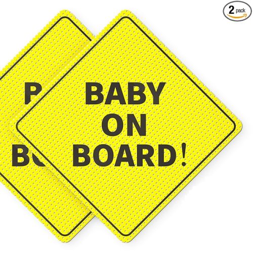 Baby On Board Signs, Car Essentials - Baby On Board Sticker - 2 Pack, 5" by 5" - Bright Yellow and See-Through When Reversing - Best Safety Signs - Non Magnet - Durable Strong Adhesive