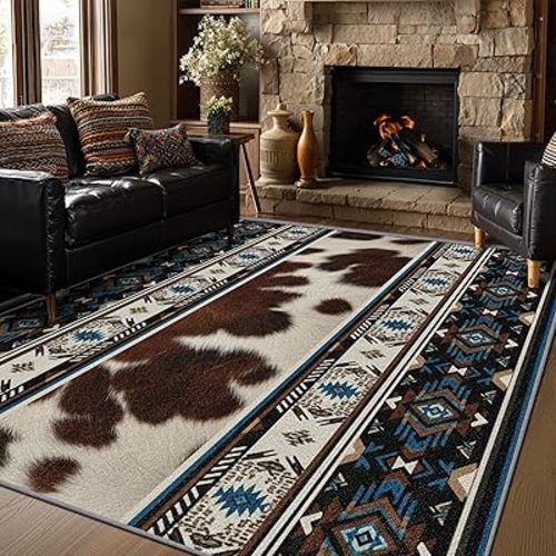 Southwestern Rug - 2x3 Area Rugs, Cowhide Aztec Lodge Entryway Rug, Cabin Rustic Low Pile Fade Resistant Indoor Small Mats Home Decor (Blue/Brown/Black)